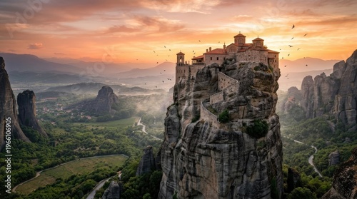 An ancient cliff-top monastery at Meteora dramatically balanced on a sheer grey sandstone pillar, perpendicular rock faces plunging hundreds of meters to a verdant valley below, warm sunset light
