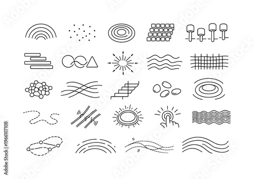Line vector icons of touch-based texture simulation: tactile arcs, grain dots, ripple pads, micro-texture tiles, pressure stems,
