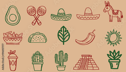 Mexican Culture Doodles Outline Sketch Vector Illustration