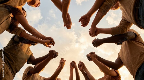 A diverse group of people raising their clasped hands together against an open sky, a powerful visual symbol of unity, solidarity and community, hands of different skin tones intertwined in a circle