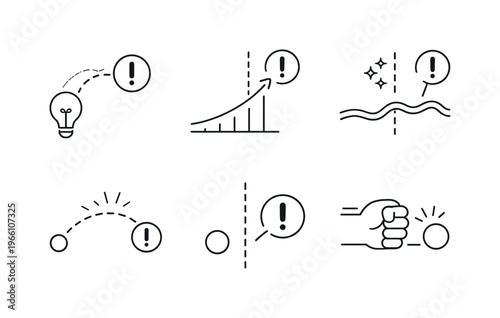 Line vector icons of the boundary where recommendation becomes imposition (line of persuasion): hint icon, escalation curve,