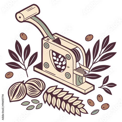 Manual oil press machine with olives and leaves olive leaves oil production