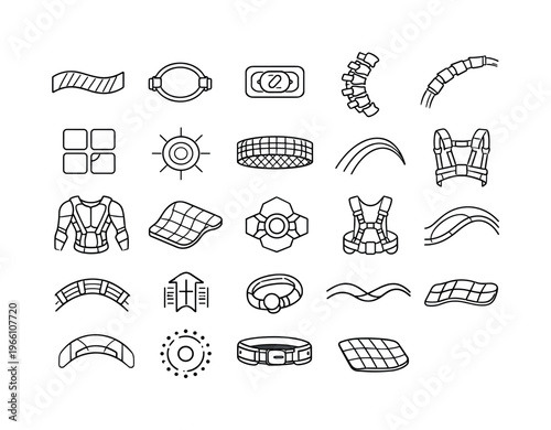 Line style icons of back-saving warehouse exosuit: lumbar unload stripe, support hinge ring, actuator patch, ergonomic spine arc,