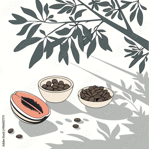 Bowls of coffee beans and fruit on a table under a tree
