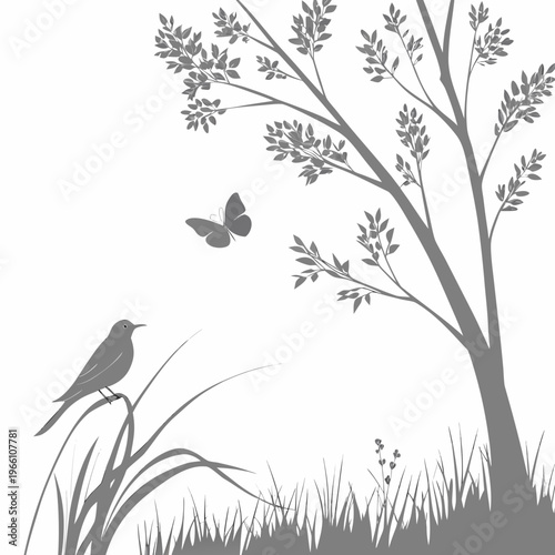 Bird perched on grass with tree and butterfly in the background white background