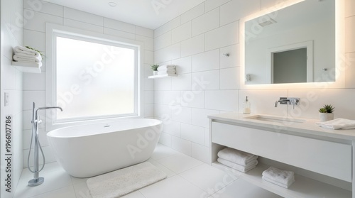 A pristine white bathroom featuring a freestanding soaking tub with polished chrome fixtures, a floating vanity with an undermount basin and backlit mirror, large format white subway tiles with subtle