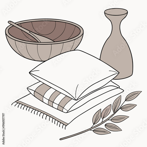 Stack of pillows and towels with a bowl and vase on a table