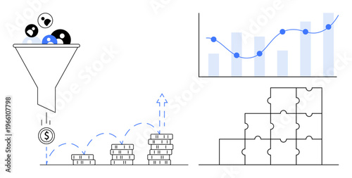 Business analytics. Business analytics with a sales funnel, financial growth, data charts, and a puzzle diagram. Business analytics supporting strategy, data integration, ROI, marketing efficiency