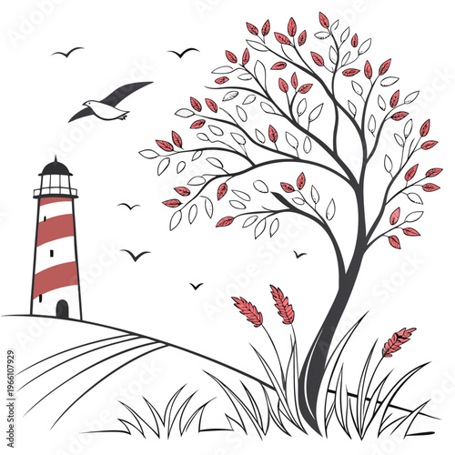Red and white lighthouse with tree and seagulls flying overhead on white red and white stripes