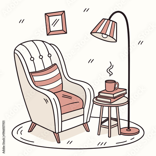 Cozy reading nook with chair, lamp, and coffee on a side table armchair floor lamp coffee mug