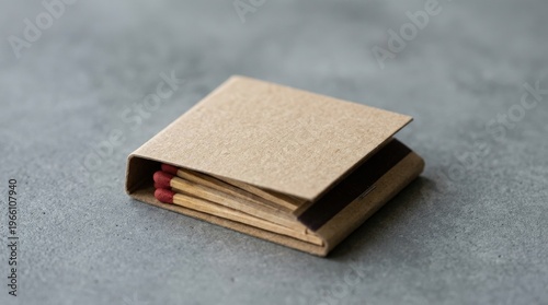 A realistic matchbook mockup on a gray background with blank cover and visible wooden matches, cardboard texture with subtle grain and clean edges, minimal packaging design for branding, soft lighting