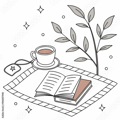 Open book and cup of coffee on a tray with a plant coffee cup stars