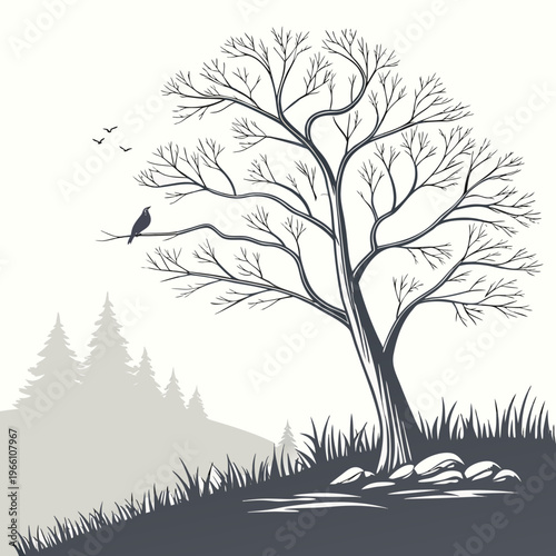 Bare tree with birds and forest landscape in the background nature scene