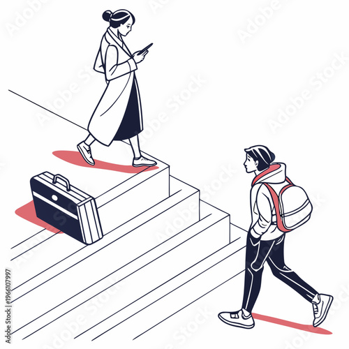 People walking on stairs with briefcase and backpack