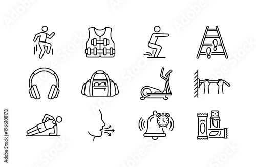 Collection of fitness and exercise icons representing healthy lifestyle activities and equipment