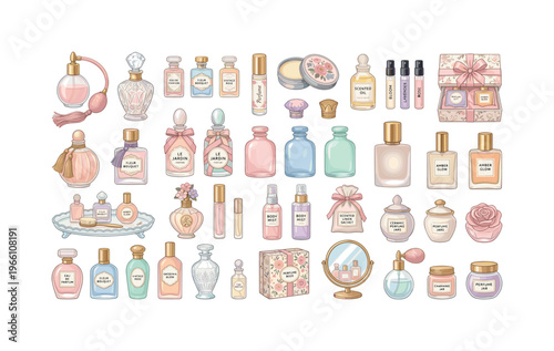 Charming collection of vintage and modern perfume bottles and accessories