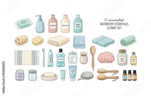 Charming minimalist bathroom essentials clipart set for a clean and serene aesthetic