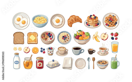 A charming collection of breakfast foods and drinks, perfect for a healthy start