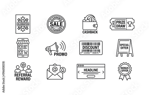 Collection of marketing and sales promotion icons for retail and e-commerce