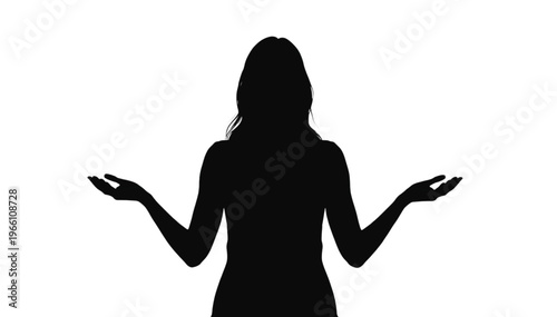 Woman silhouette spreads both hands wide in a gesture of shrugging or presenting options clearly.