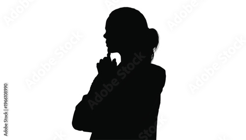 Female professional silhouette displays deep contemplation with finger touching chin against a stark white.