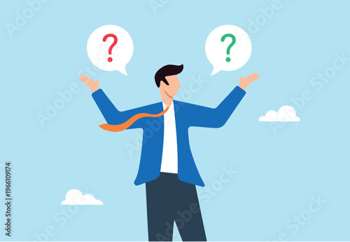 Flat illustration of businessman listens to second opinion making decision based on advice and reasoning