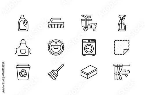 Collection of cleaning supplies and tools icons for household chores and hygiene