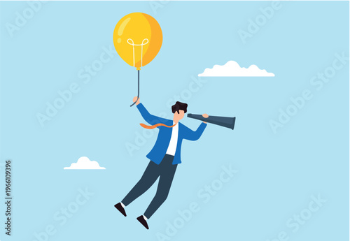 Flat illustration of businessman fly with lightbulb balloons looking telescope visionary ideas searching success finding solution