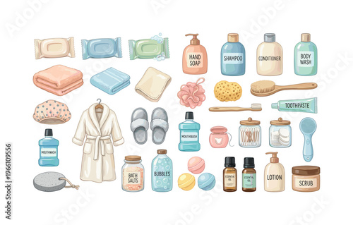 Collection of cozy bathroom essentials and personal care items for relaxation