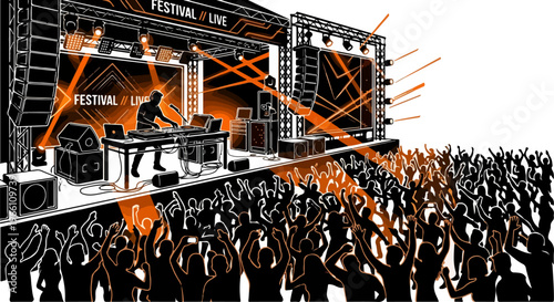 Electronic Music Festival Performance Black Orange Silhouette Vector