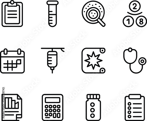 Medical Diagnostics Line Icon Set, Healthcare Tools Clipboard Test Tube IV Stethoscope Outline Vector Icons, Editable Stroke UI UX Collection