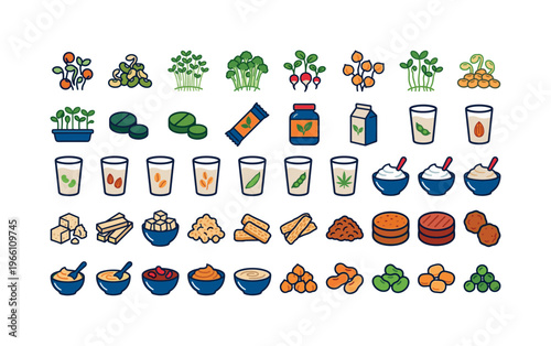 Collection of diverse plant-based protein ingredients and products