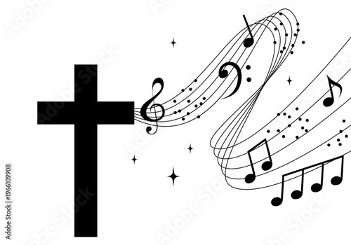 Religion themed design for Christianity, church service, communion and celebrations. Church choir background. Christian cross with musical notes stave