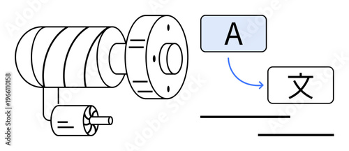 Machine learning, AI technology, language translation, automation, globalization, linguistics. Diagram of a mechanical engine and language conversion symbols. Machine learning and AI technology