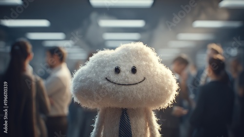 Cute fluffy cloud character in office attire, concept of positive work culture and emotional intelligence
