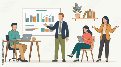 Business professionals in a meeting presenting data and collaborating