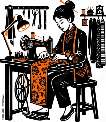 Chinese Tailor Sewing Machine Black Orange Silhouette Vector