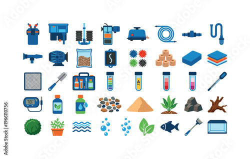 Aquarium Maintenance and Filtration Equipment Icons Collection