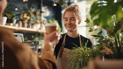 Smiling female barista in cozy eco-friendly cafe filled with green plants handing a cup of coffee to person