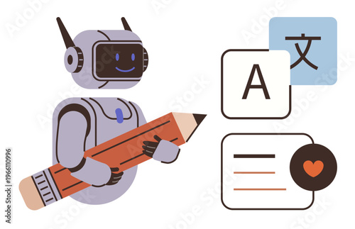 Translation services, language learning, AI education, communication tools, content creation, multilingual support. Robot holding pencil with language symbols. Translation services and language