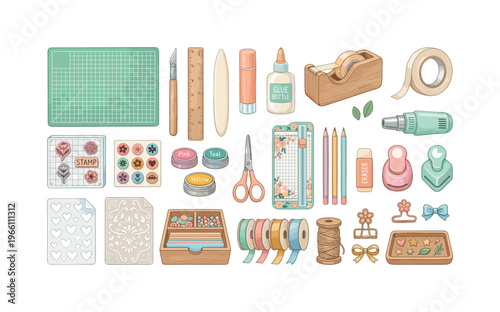 Cute crafting supplies for scrapbooking and card making, organized and ready for use