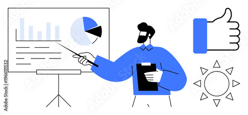 Business presentation. Business professional explaining data concepts with statistical charts and graphs. Business presentations enhance professional communication, team collaboration, and strategic