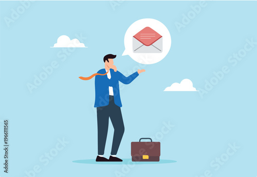 Flat illustration businessman candidate think about accepting job offer in email envelope symbolizing recruitment human resource