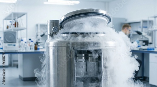 Stainless steel cryogenic storage dewar container with open lid releasing nitrogen fog in laboratory. Scientist working in background. Concept of stem cell, embryo or blood preservation.