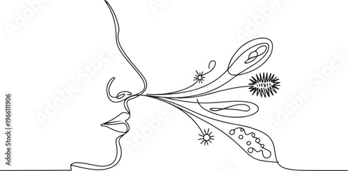 The human nose and the main sources of allergies that cause rhinitis. Runny nose caused by plant pollen, animal hair, dust, fungal spores and chemicals. one line art icon drawing vector