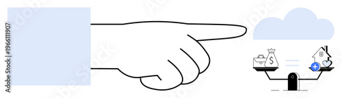 Decision-making concept. Decision-making illustrated with a hand pointing to a scale balancing money, work, home, and health. Decision-making for priorities, life balance, resource management