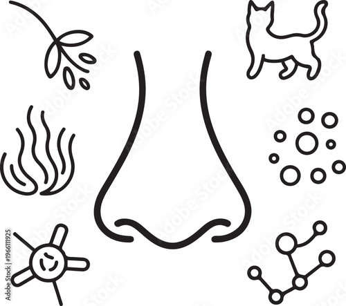 The human nose and the main sources of allergies that cause rhinitis. Runny nose caused by plant pollen, animal hair, dust, fungal spores and chemicals. one line art icon drawing vector