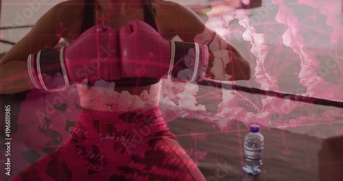 Coach approaching with mitts, boxer training by throwing boxing combos, pink overlay bathing frame