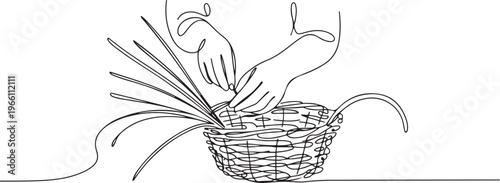 A wicker weaver weaves a basket. Step by step work on creating a basket from twigs. one line art icon drawing vector
