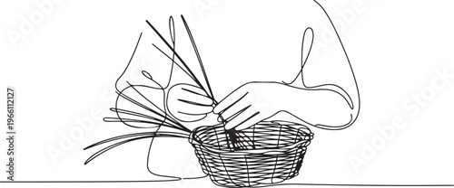 A wicker weaver weaves a basket. Step by step work on creating a basket from twigs. one line art icon drawing vector